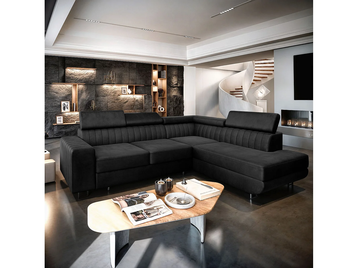 Canapé d'angle NOLA Noir en velours avec fonction de couchage