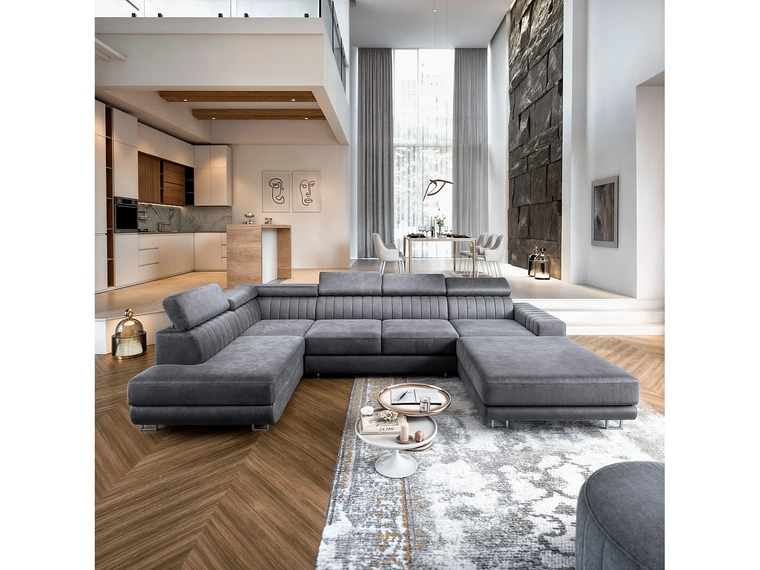 Canapé d'angle SIENA Gris en velours avec fonction de couchage