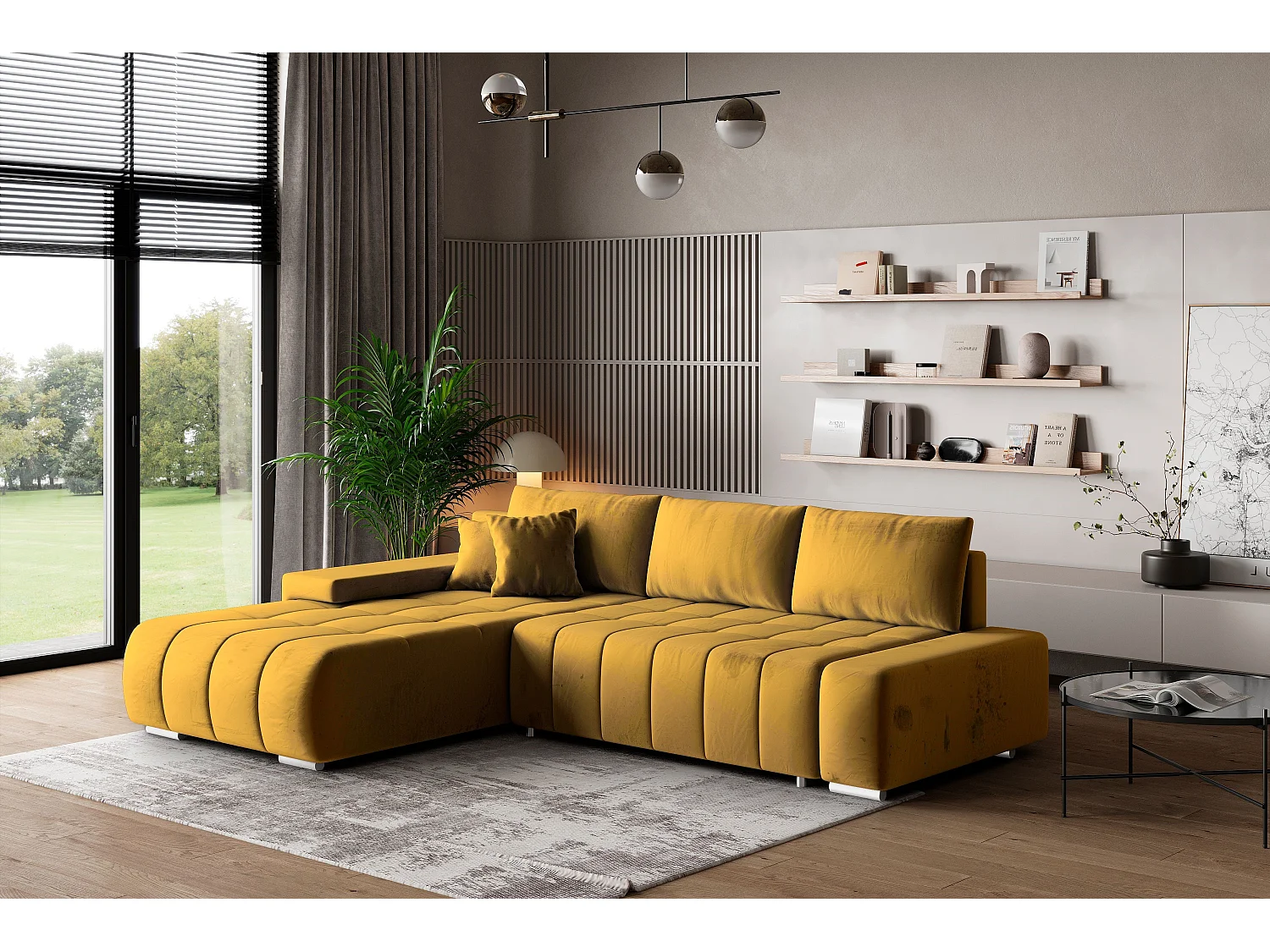 Canapé d'angle ALESE Jaune en velours avec fonction de couchage