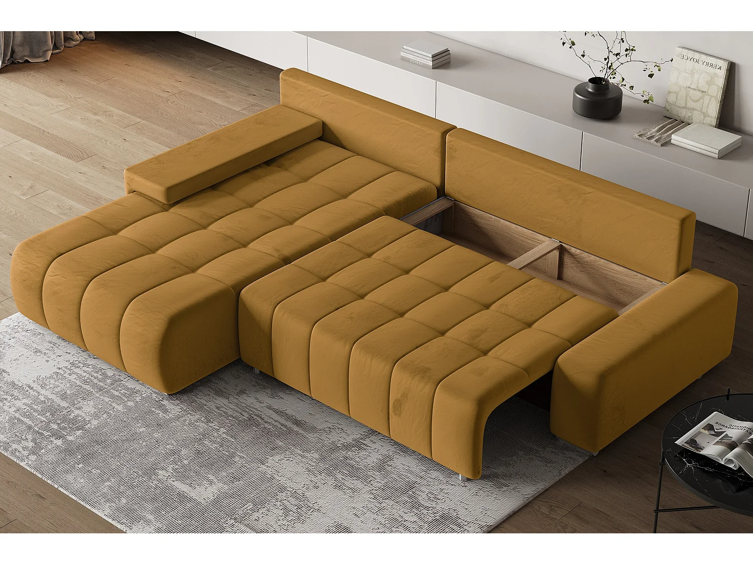 Hoekbank ALESE van fluweel met slaapfunctie Gelb