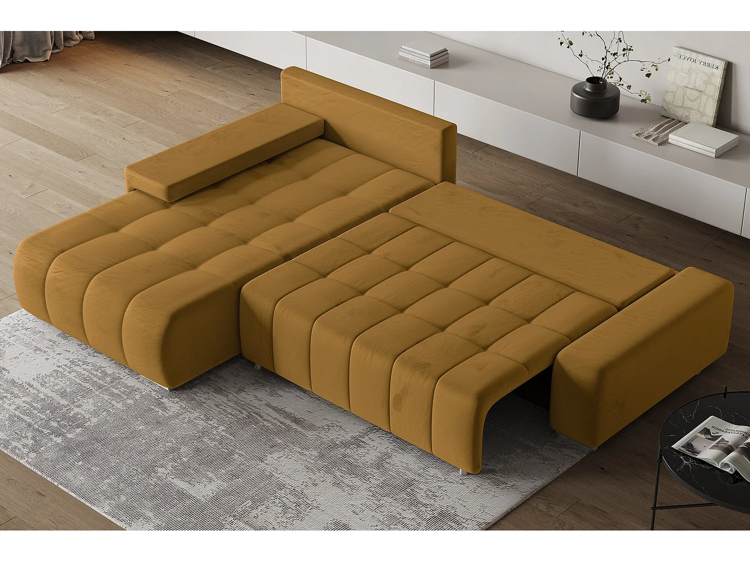 Hoekbank ALESE van fluweel met slaapfunctie Gelb