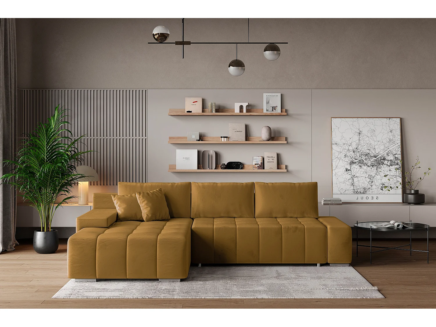 Hoekbank ALESE van fluweel met slaapfunctie Gelb