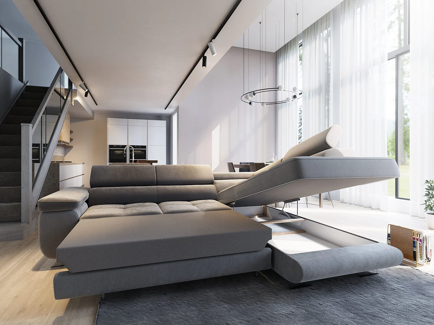 Canapé d'angle SELVA Gris en velours avec fonction de couchage