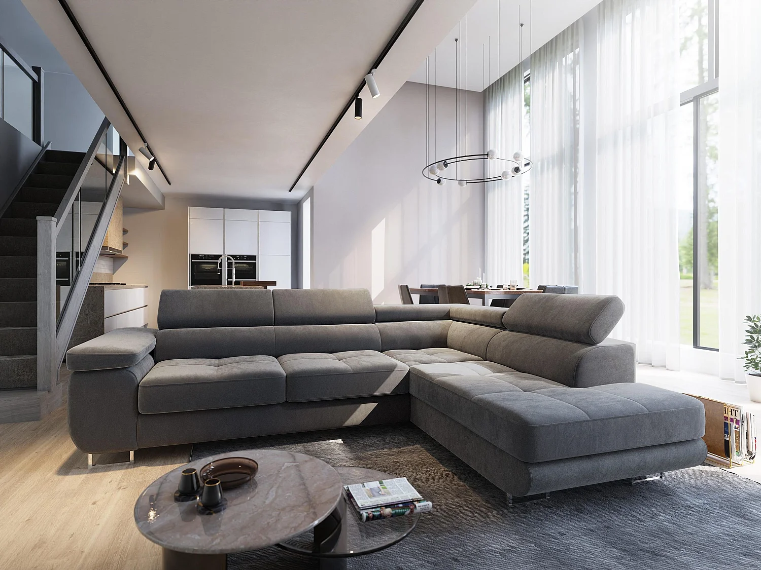 Canapé d'angle SELVA Gris en velours avec fonction de couchage