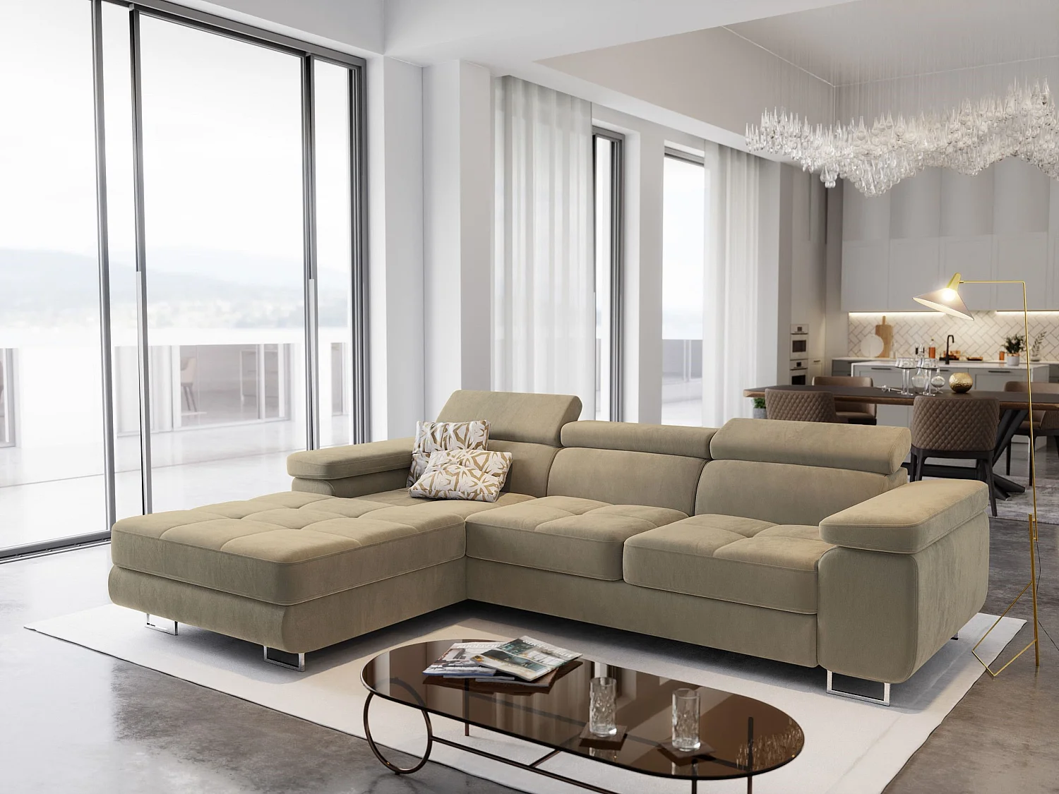 Hoekbank ELMA van fluweel met slaapfunctie Creme