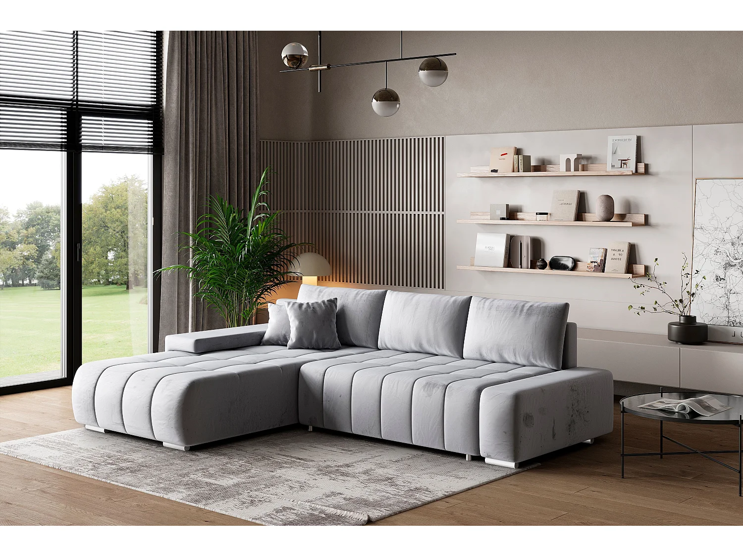 Canapé d'angle ALESE Gris clair en velours avec fonction de couchage