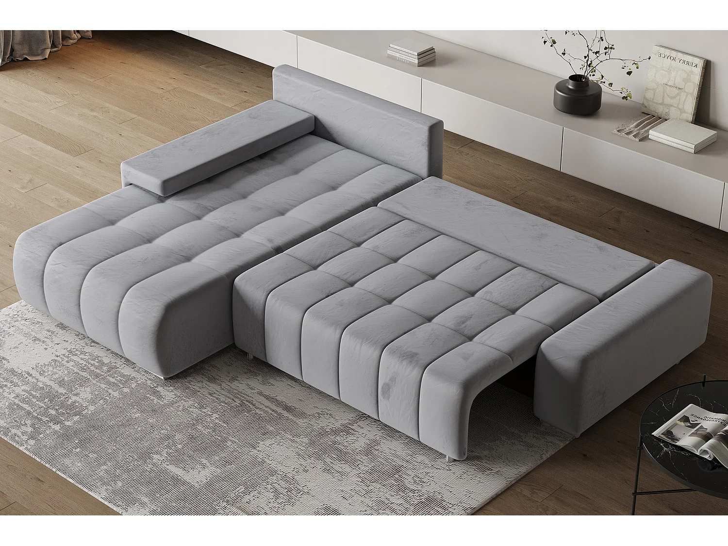 Hoekbank ALESE van fluweel met slaapfunctie Hellgrau