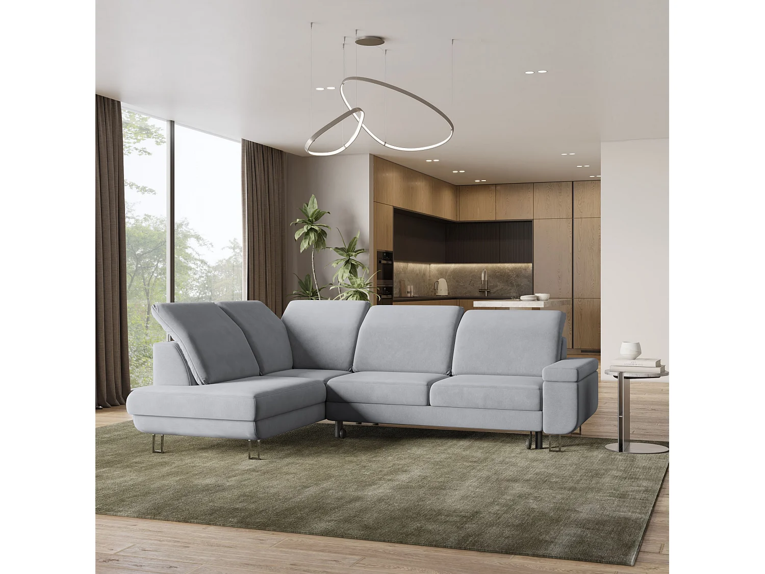 Canapé d'angle LERMA Gris clair en velours avec fonction de couchage