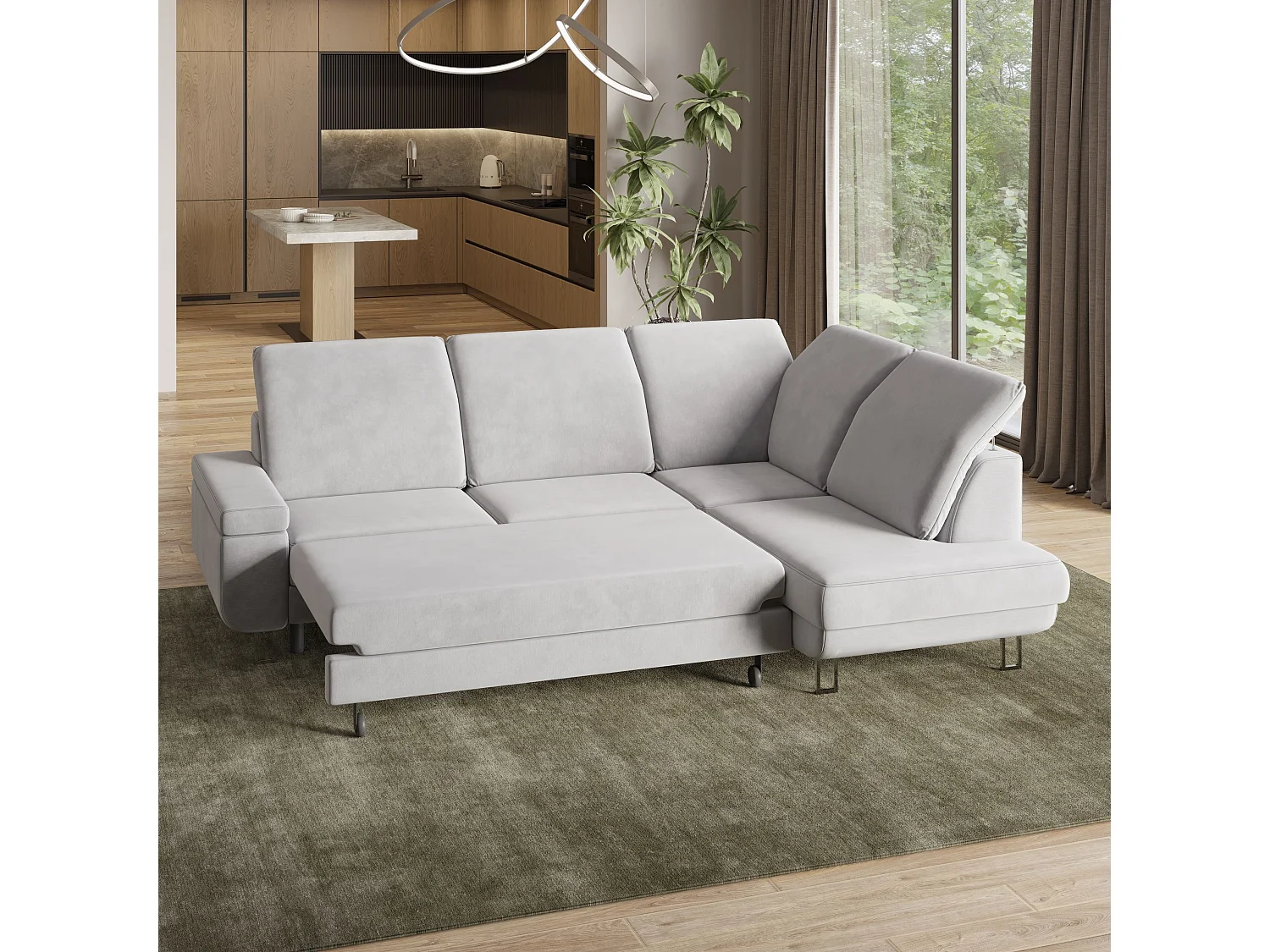 Canapé d'angle LERMA Gris clair en velours avec fonction de couchage