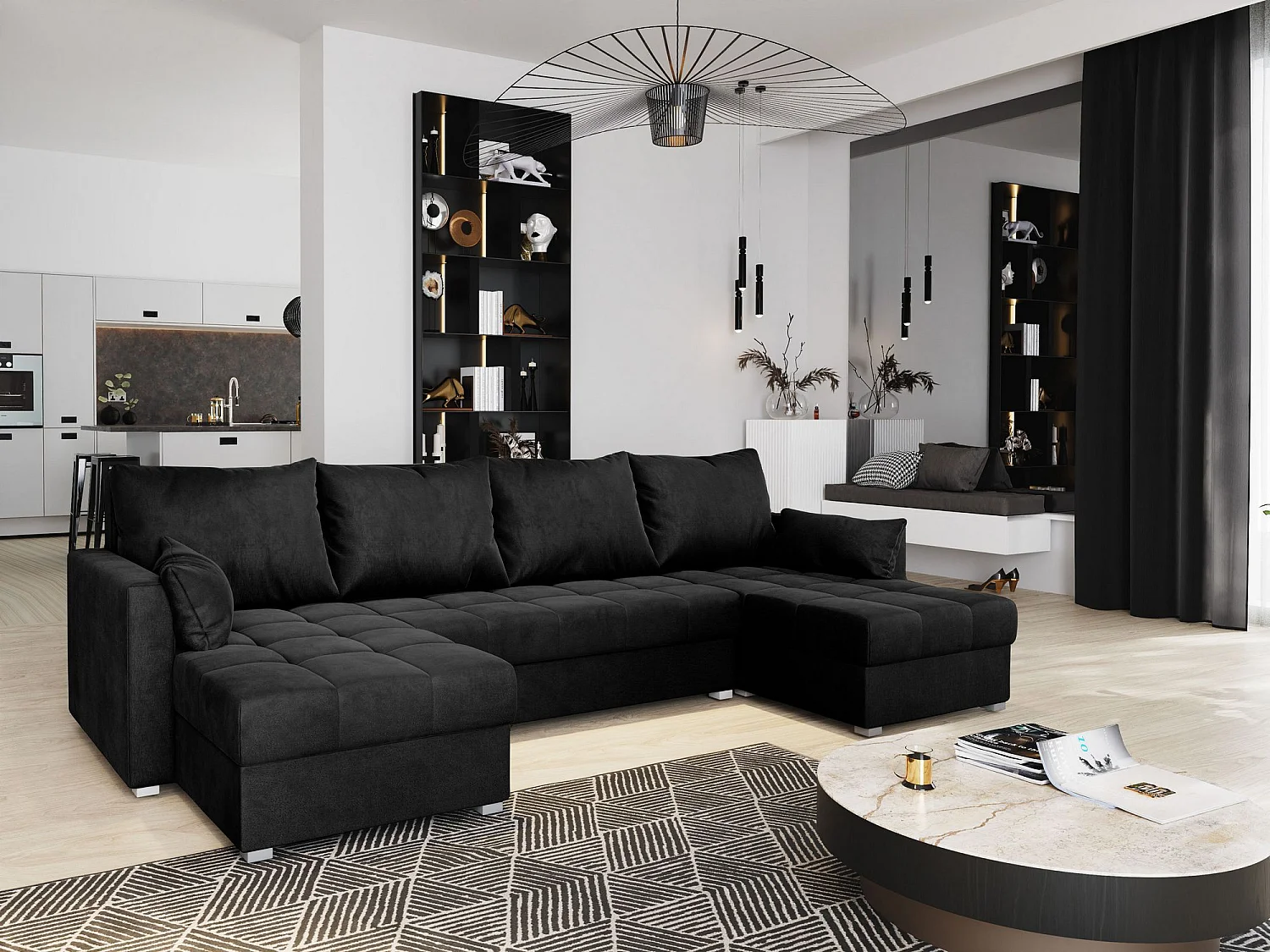 Canapé d'angle NAKO Noir en velours avec fonction de couchage