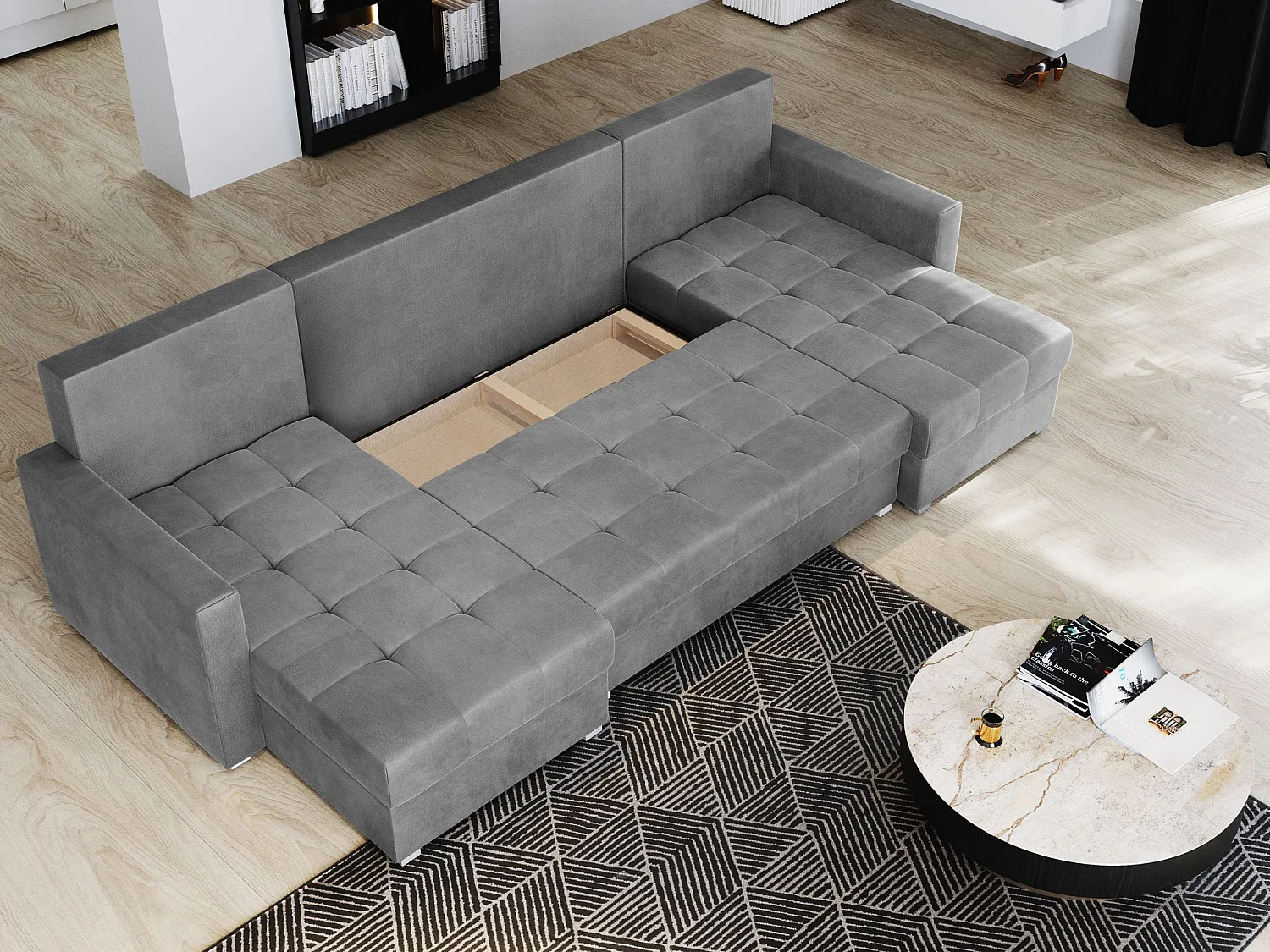 Canapé d'angle NAKO Noir en velours avec fonction de couchage