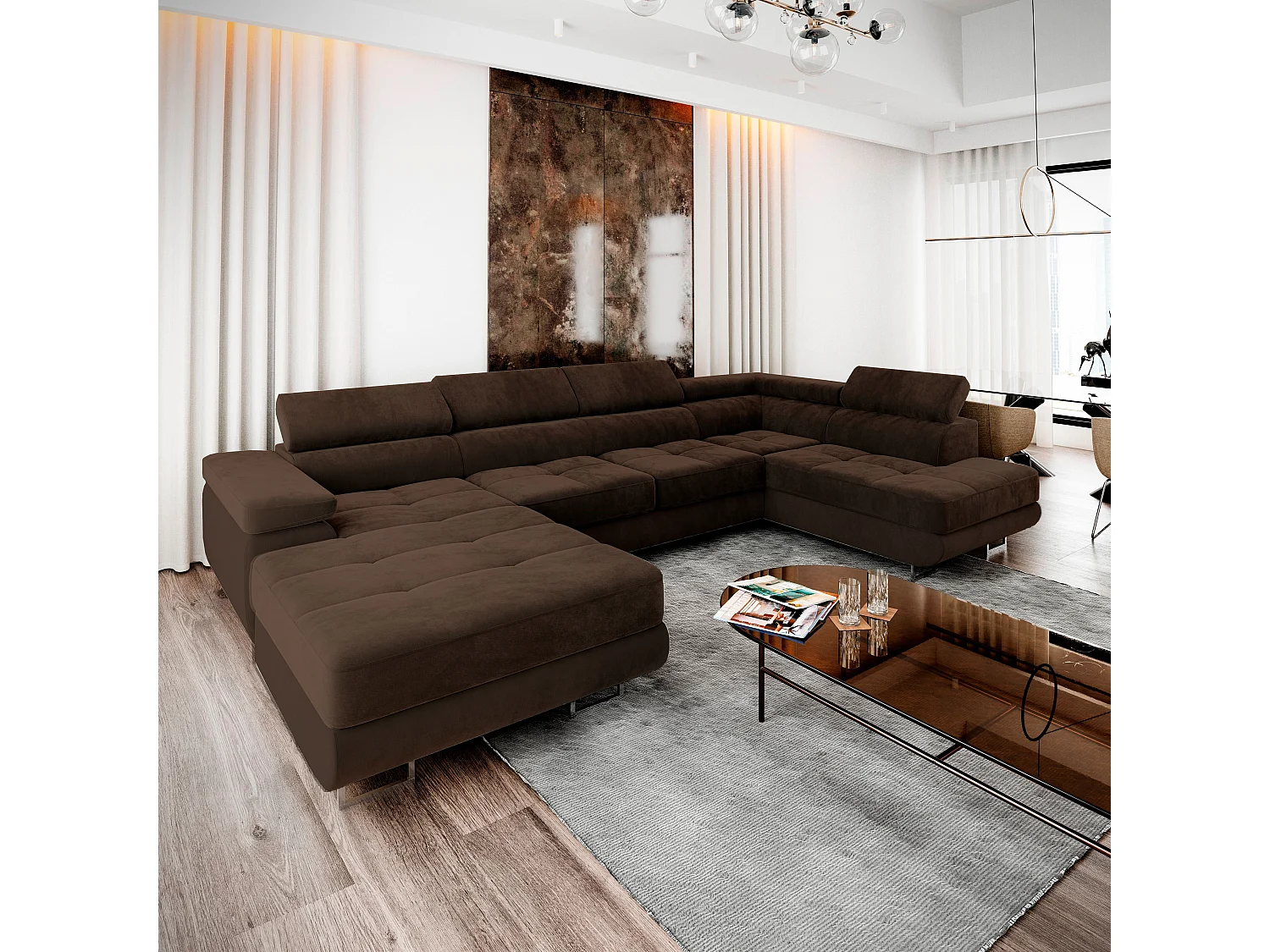 Canapé d'angle CASONE Marron en velours avec fonction de couchage