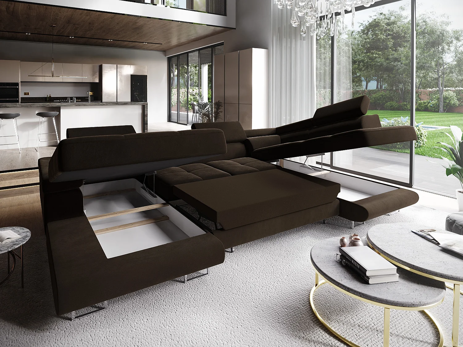 Canapé d'angle CASONE Marron en velours avec fonction de couchage