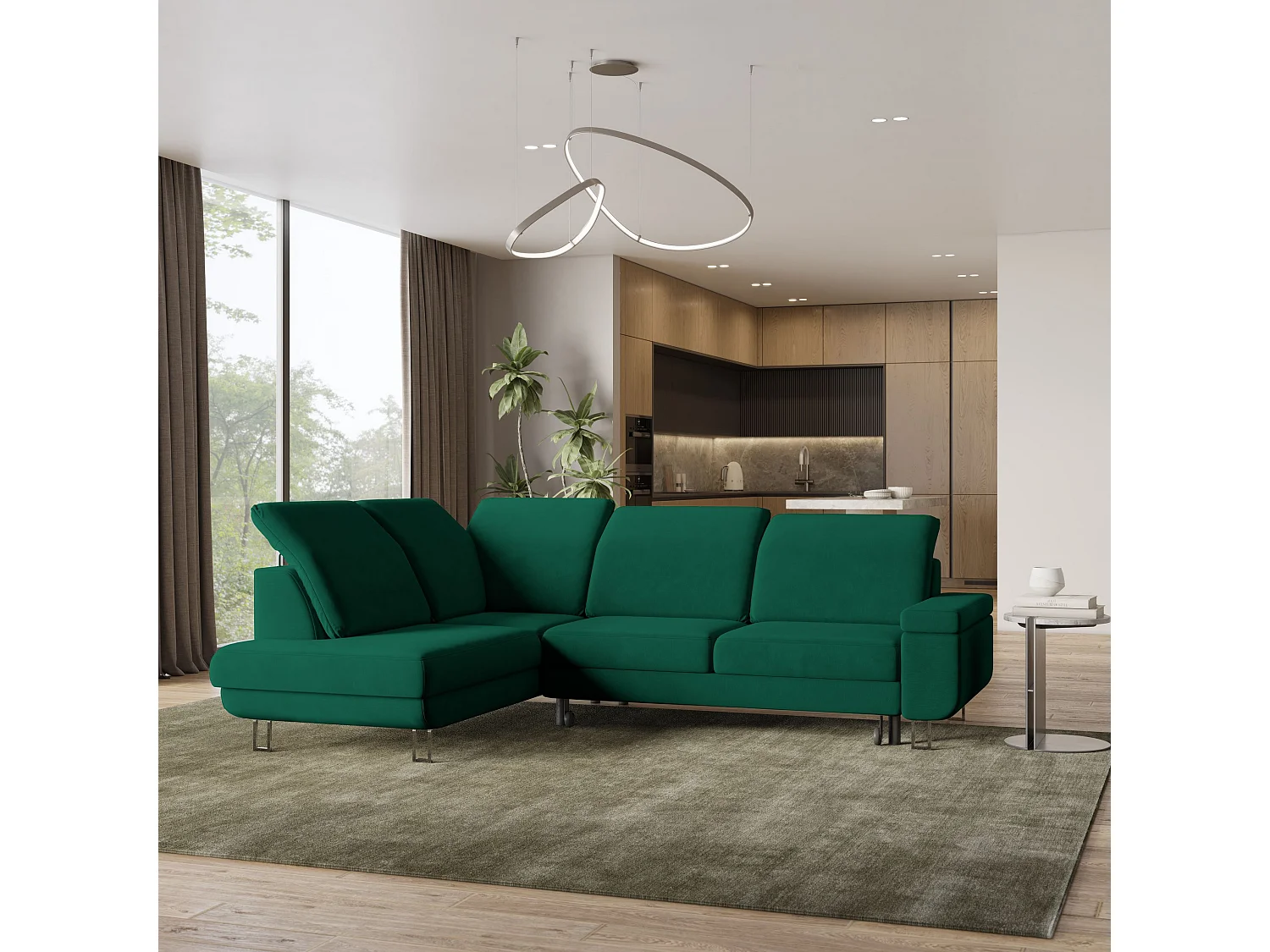 Canapé d'angle LERMA Vert Sapin en velours avec fonction de couchage