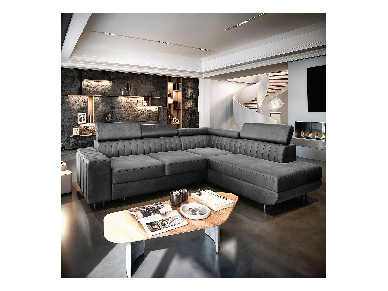 Canapé d'angle NOLA Gris en velours avec fonction de couchage