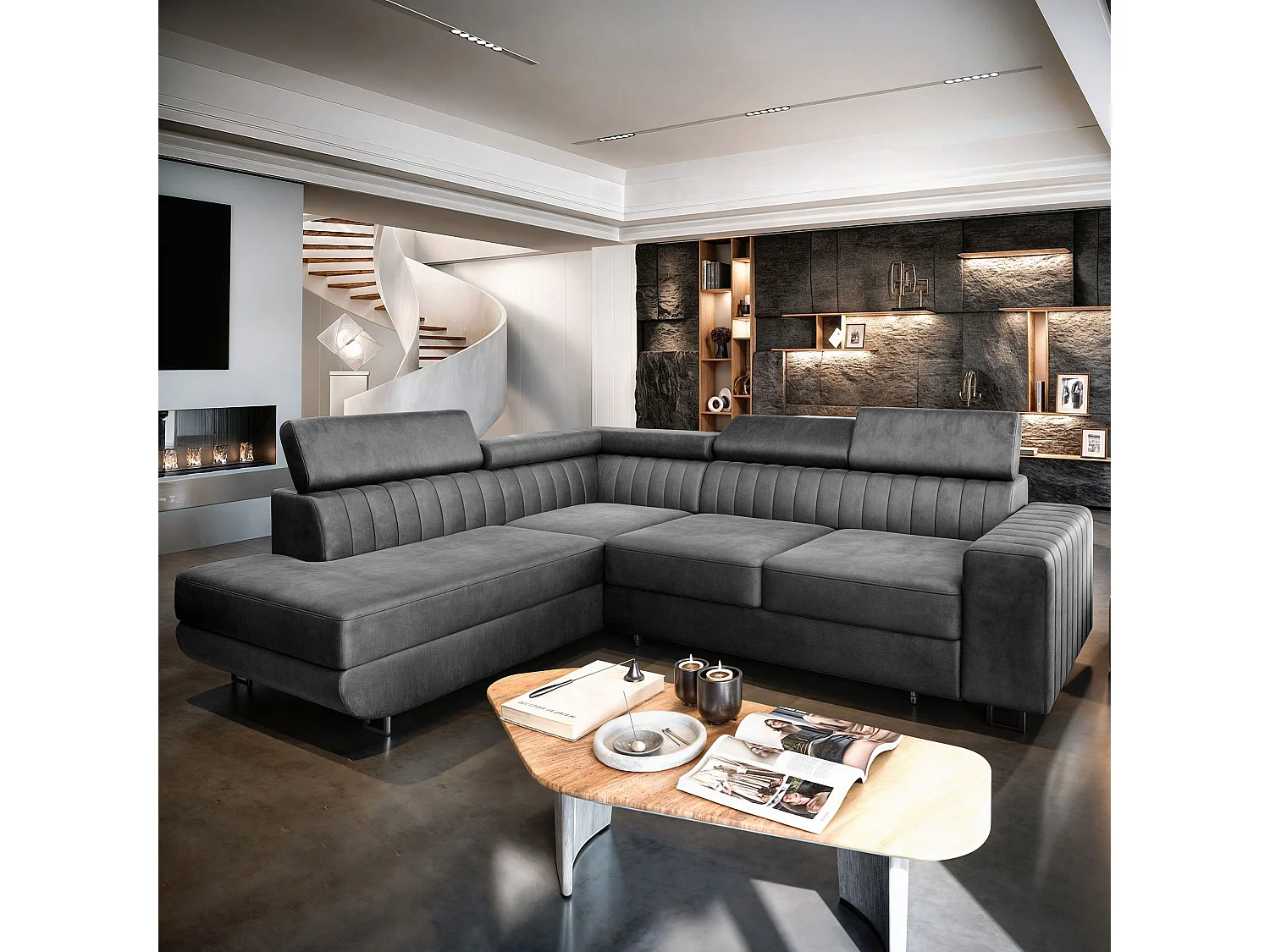 Canapé d'angle NOLA Gris en velours avec fonction de couchage