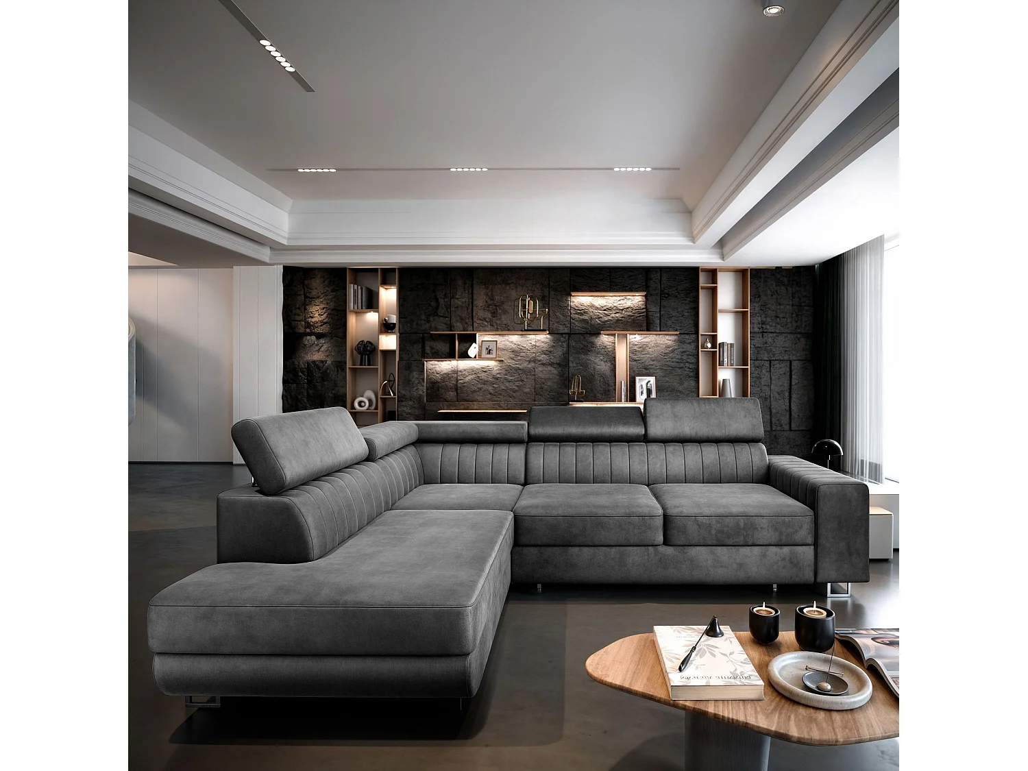 Canapé d'angle NOLA Gris en velours avec fonction de couchage