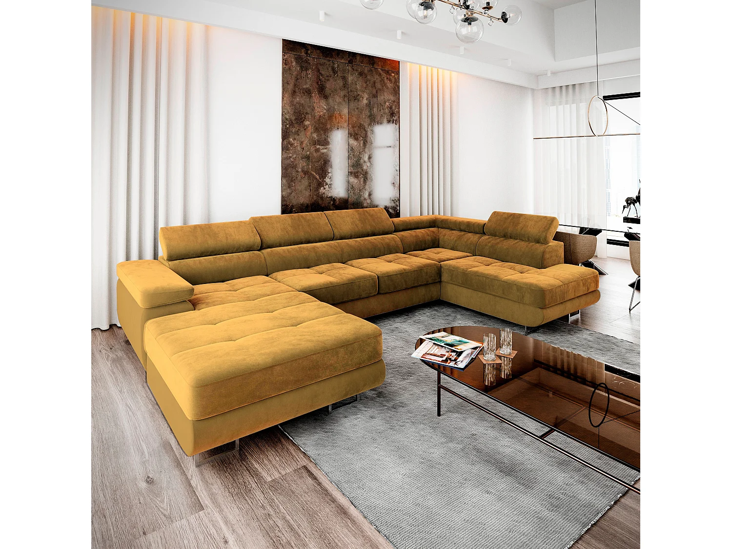 Canapé d'angle CASONE Jaune en velours avec fonction de couchage