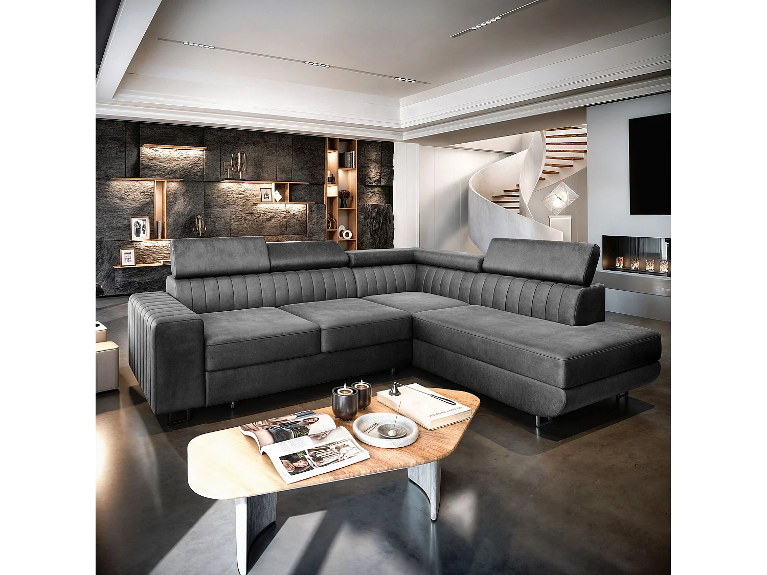 Canapé d'angle NOLA Gris en velours avec fonction de couchage