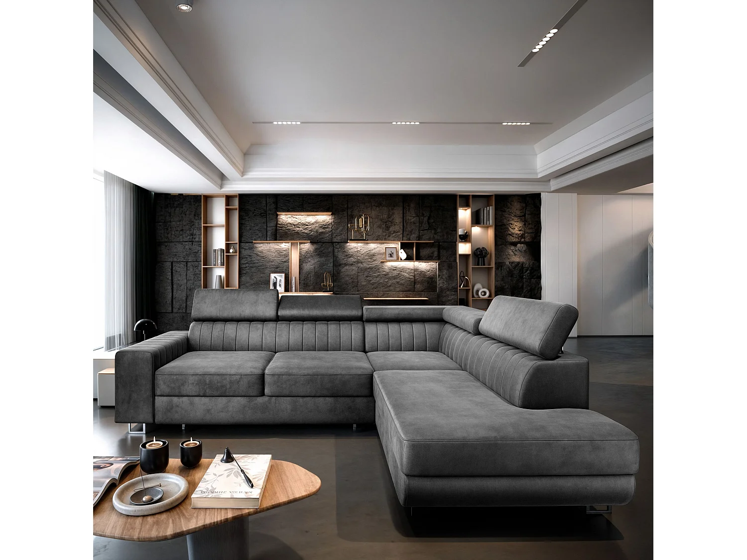 Hoekbank NOLA van fluweel met slaapfunctie Grau