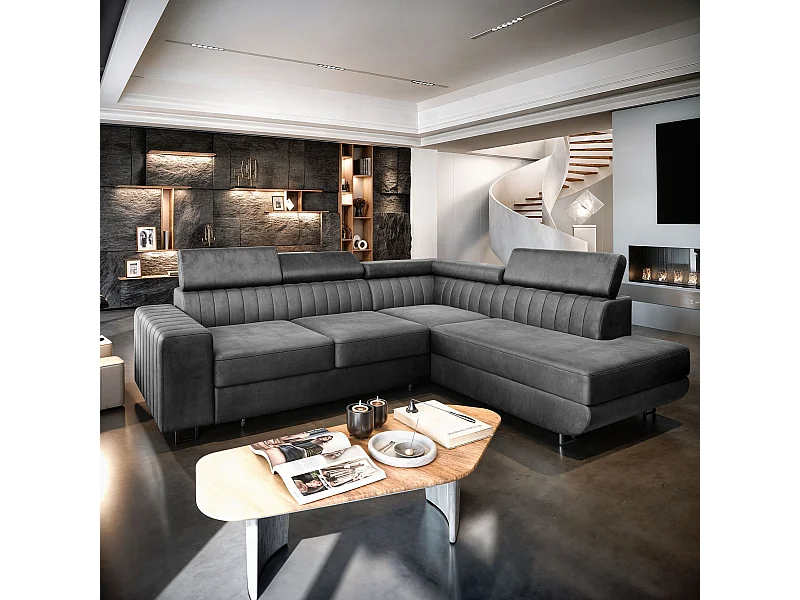 Hoekbank NOLA van fluweel met slaapfunctie Grau