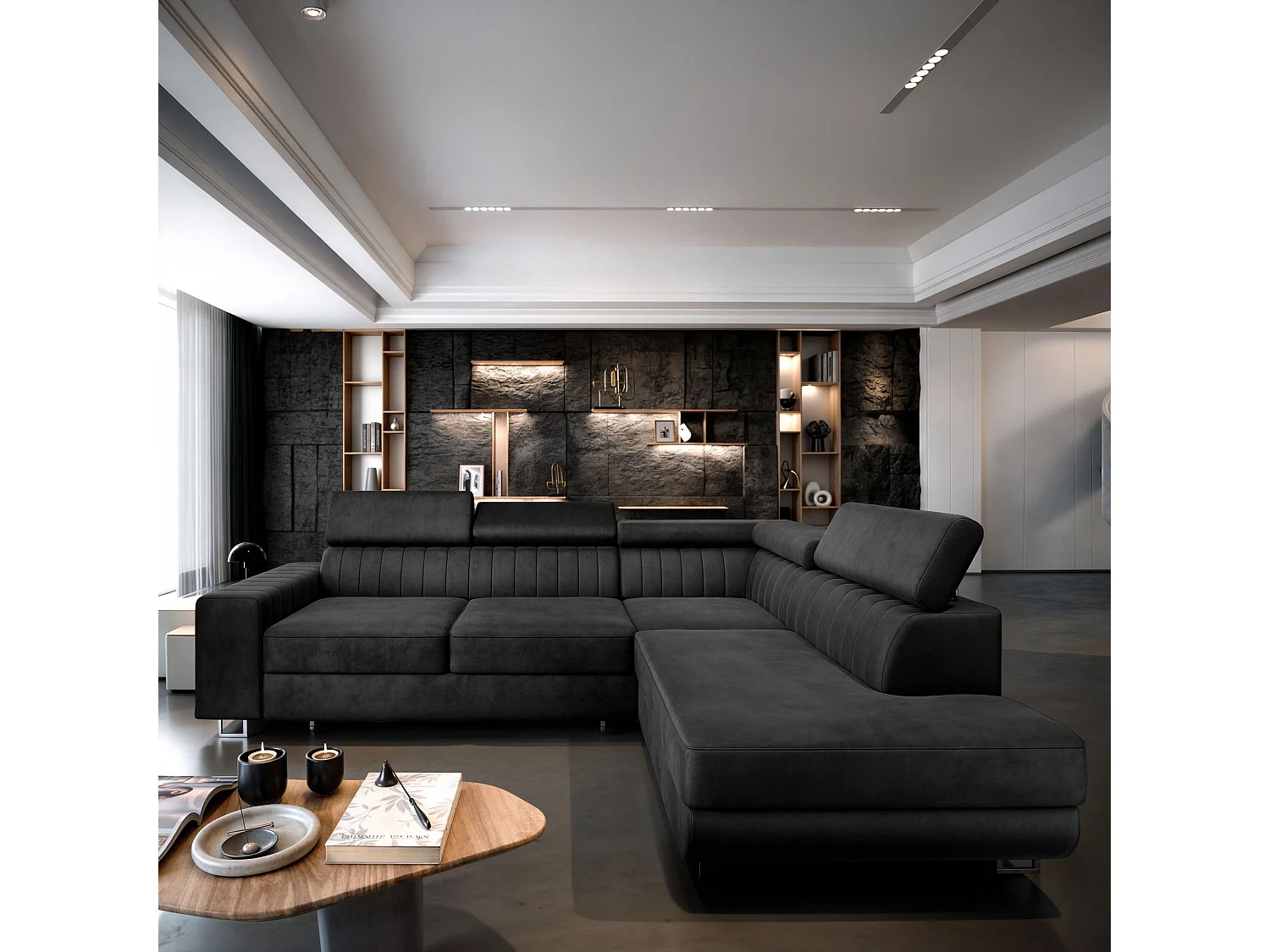 Canapé d'angle NOLA Noir en velours avec fonction de couchage