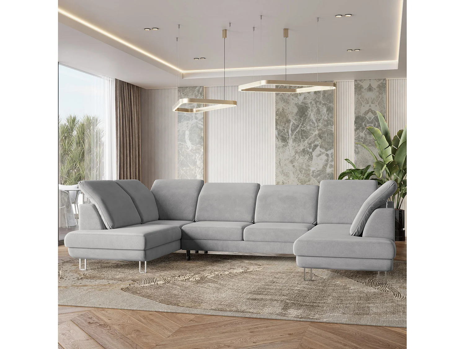 Canapé d'angle TERAMO Gris clair en velours avec fonction de couchage