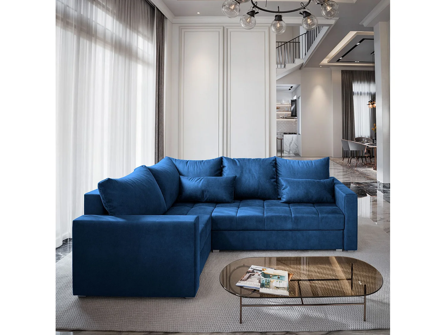 Canapé d'angle LIRENO Bleu en peluche avec fonction de couchage