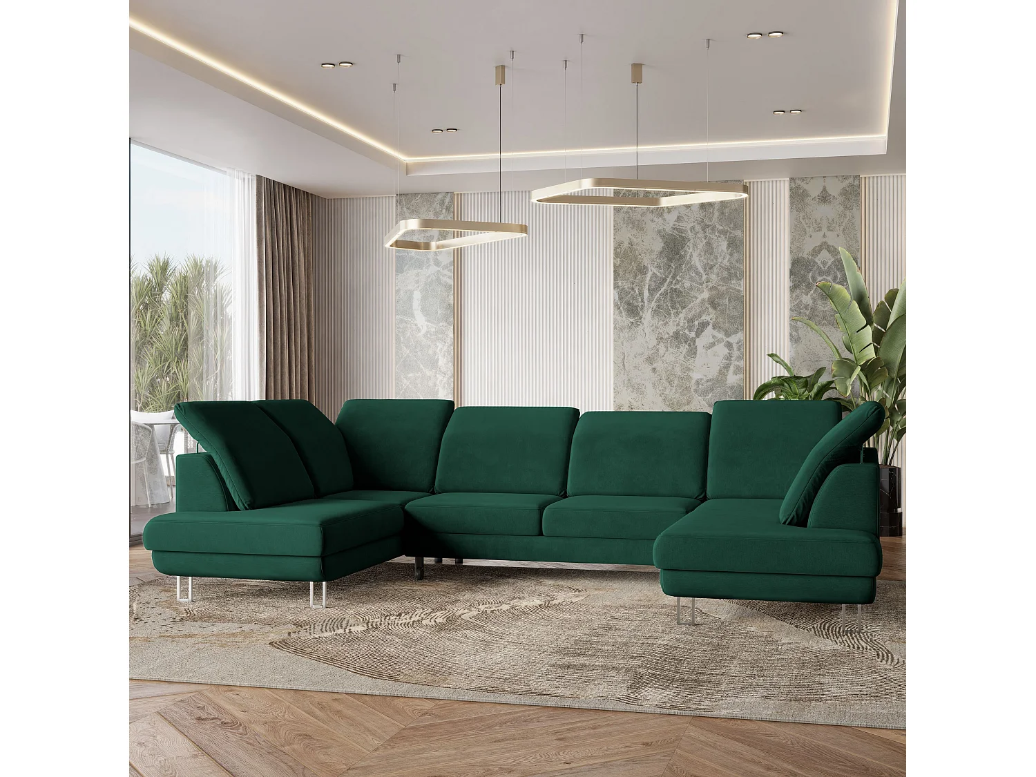 Canapé d'angle TERAMO Vert Sapin en velours avec fonction de couchage