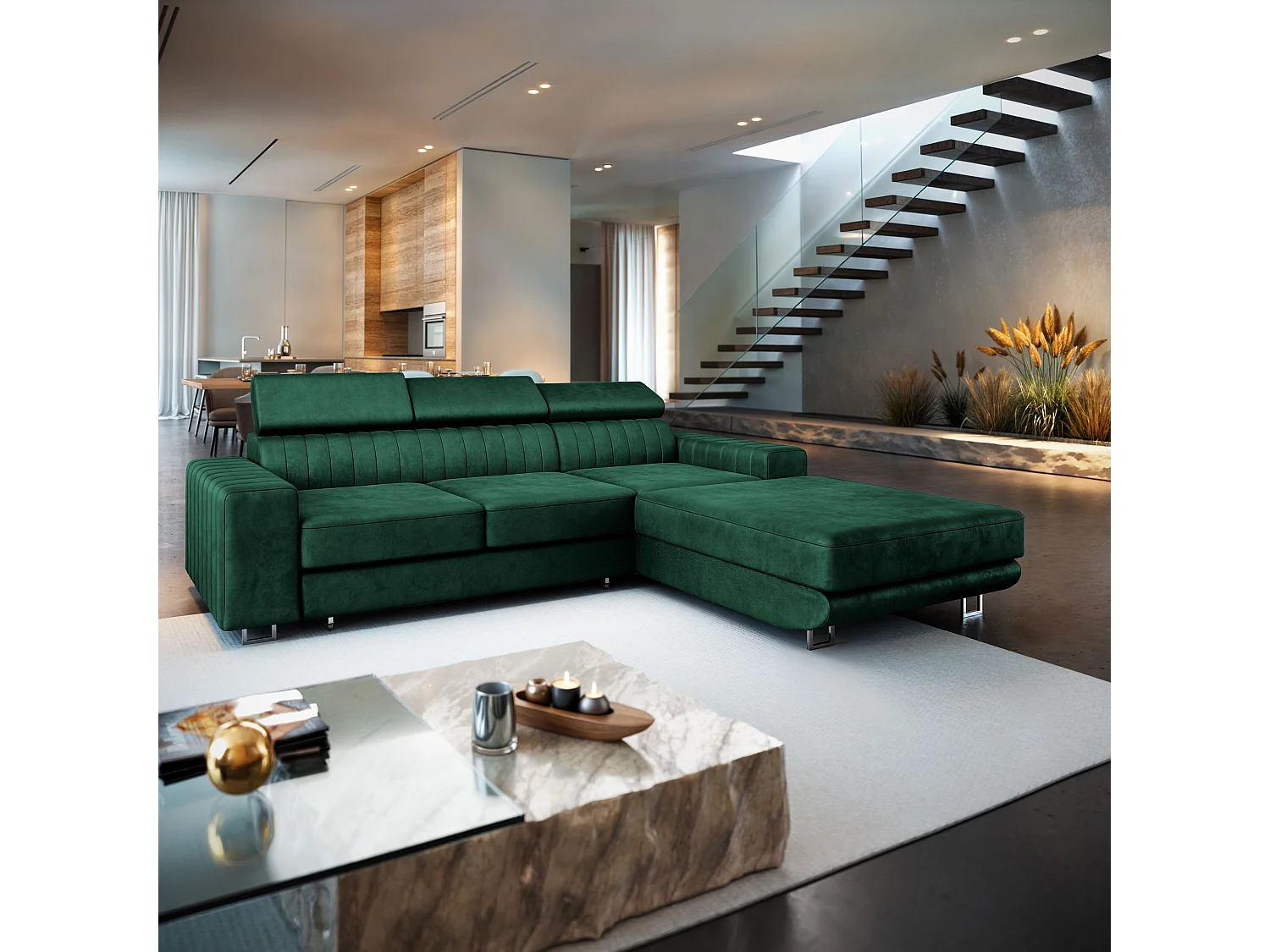 Canapé d'angle NOTO Vert Sapin en velours avec fonction de couchage