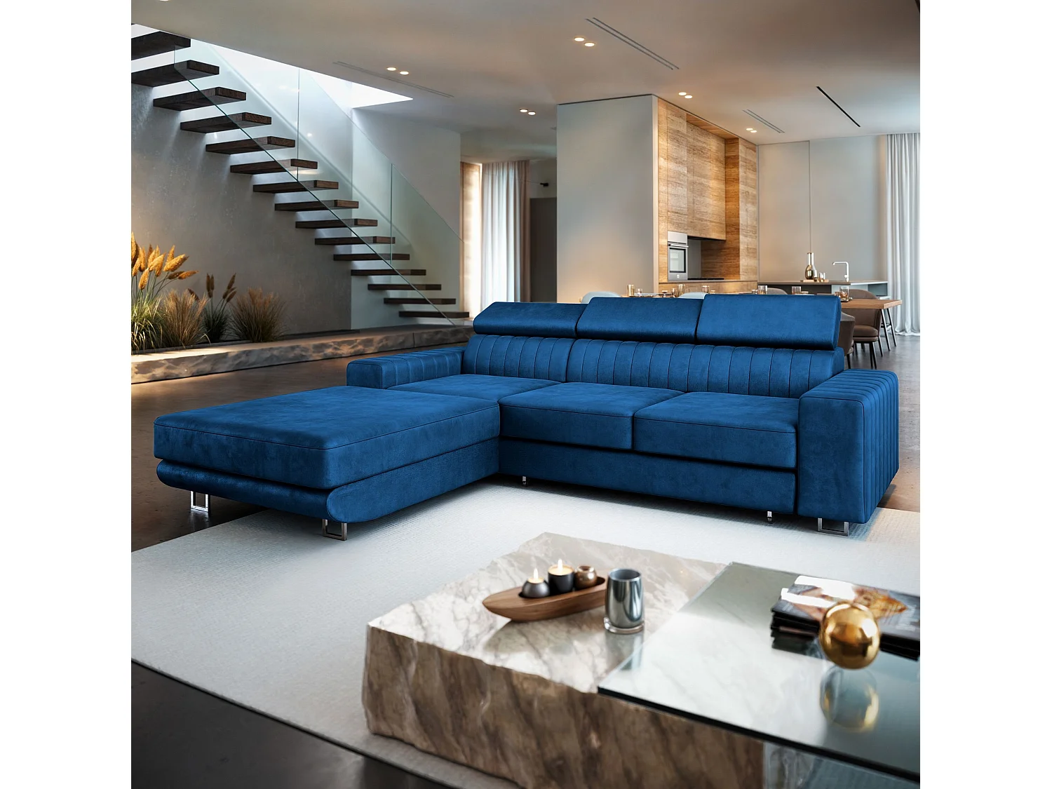 Canapé d'angle NOTO Bleu en velours avec fonction de couchage