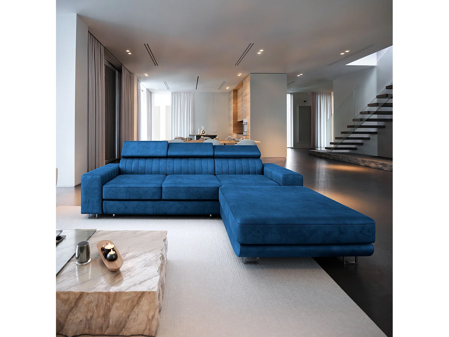 Canapé d'angle NOTO Bleu en velours avec fonction de couchage