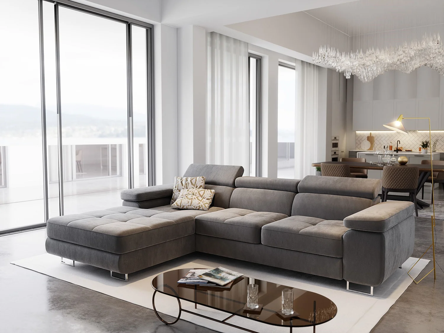 Canapé d'angle ELMA Gris en velours avec fonction de couchage