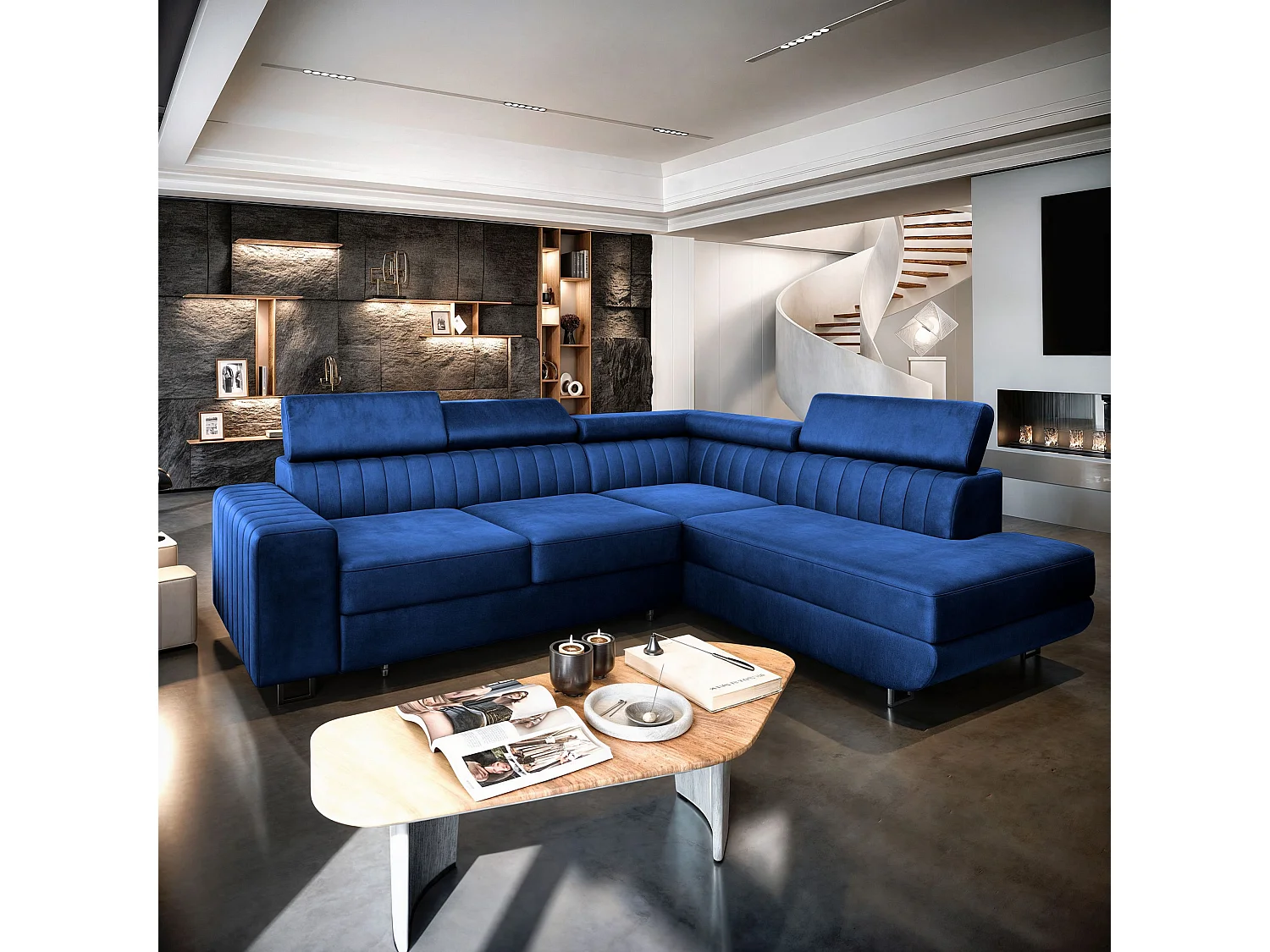 Hoekbank NOLA van fluweel met slaapfunctie Blau