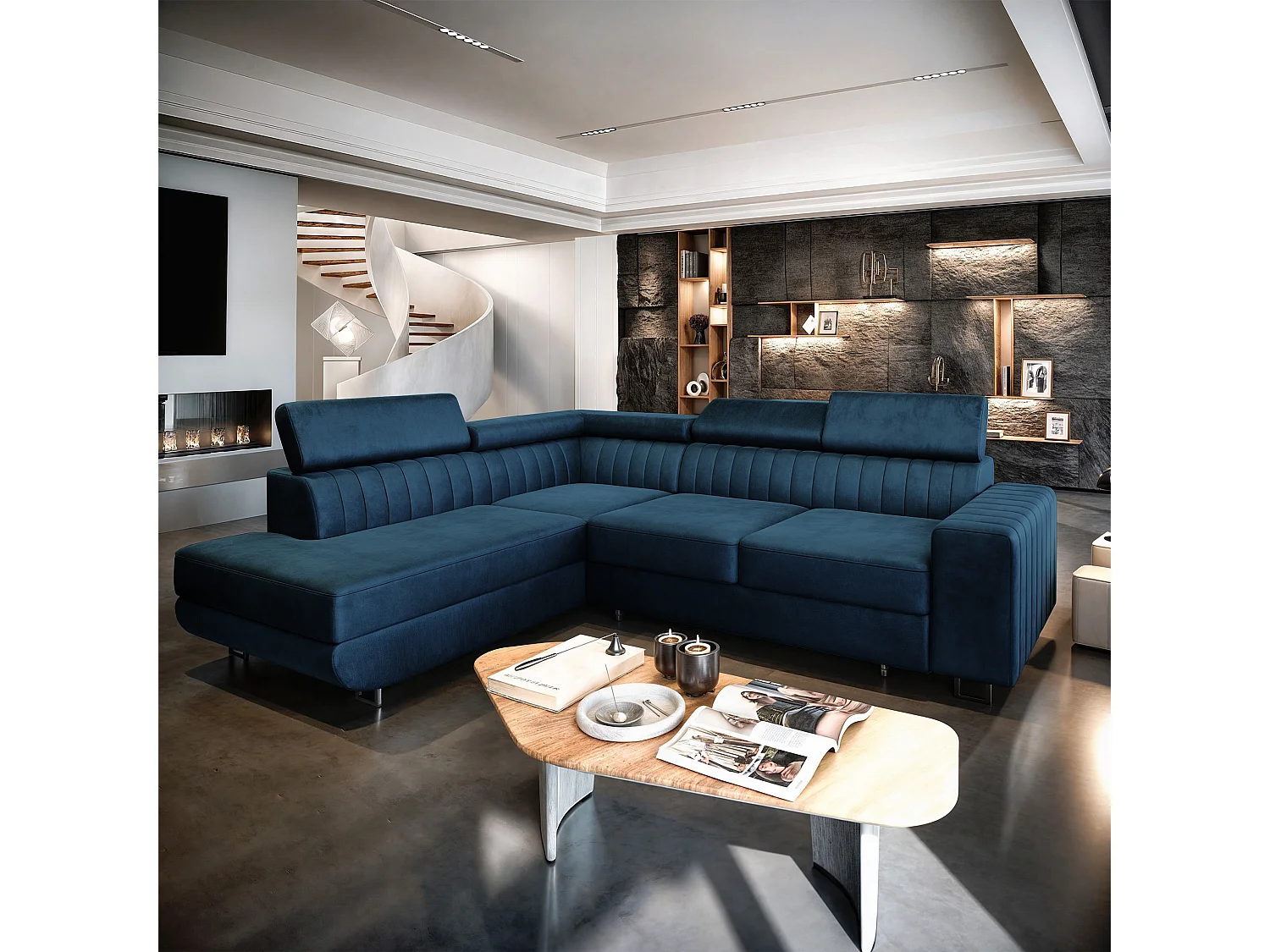 Canapé d'angle NOLA Bleu en velours avec fonction de couchage