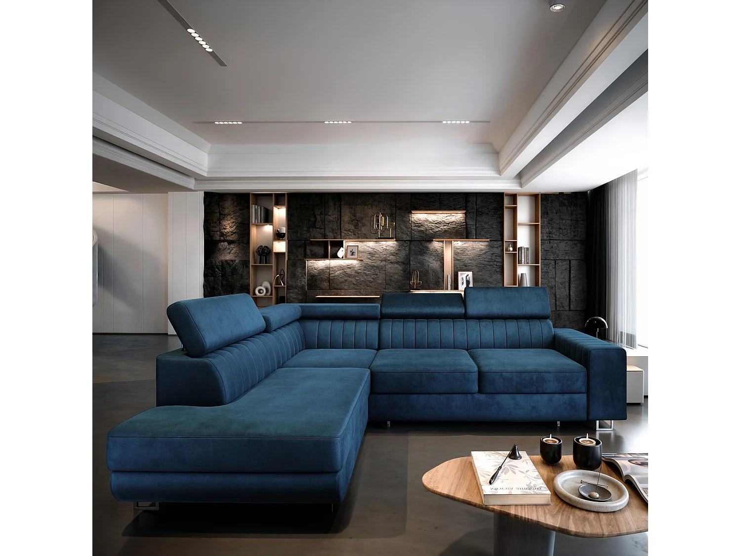 Canapé d'angle NOLA Bleu en velours avec fonction de couchage