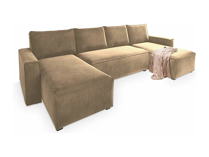 Canapé d'angle DENI Crème en velours avec fonction de couchage