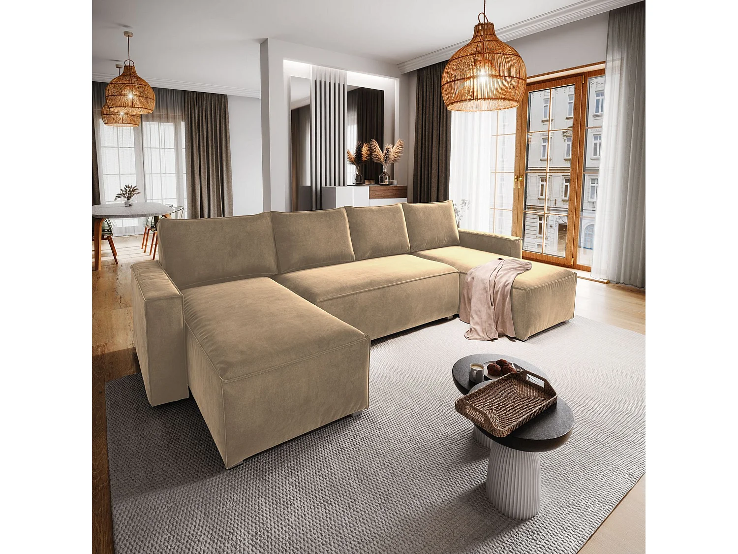 Canapé d'angle DENI Crème en velours avec fonction de couchage