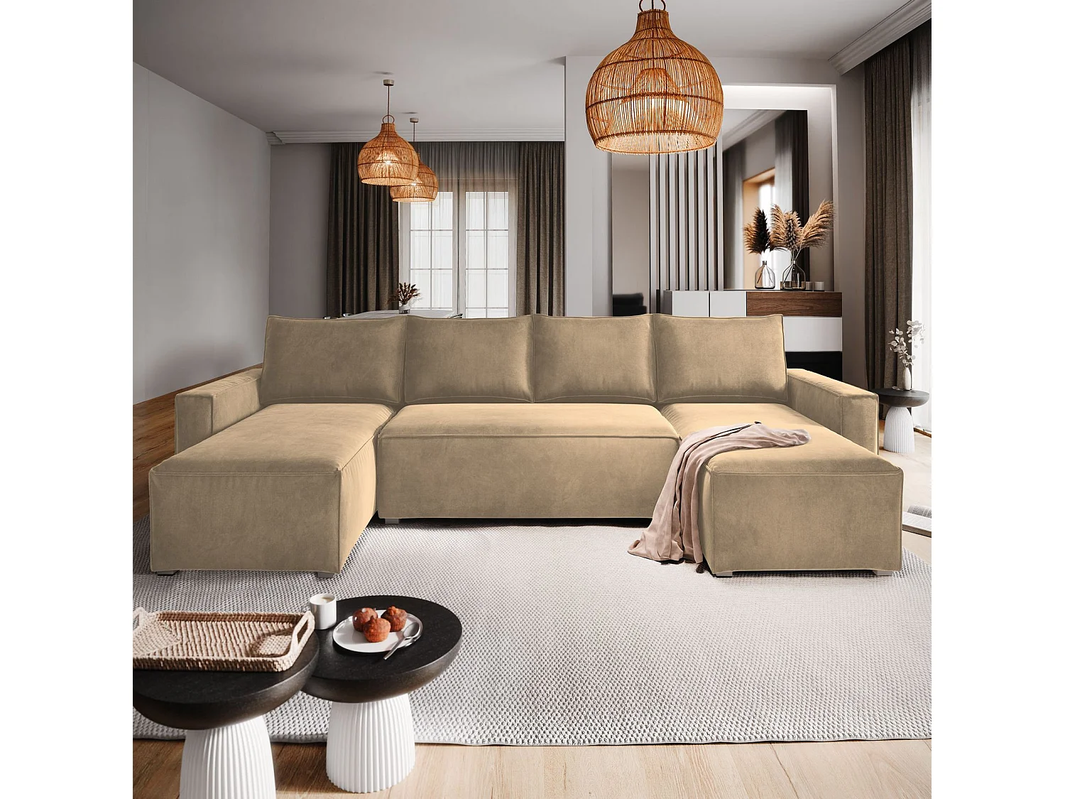 Canapé d'angle DENI Crème en velours avec fonction de couchage