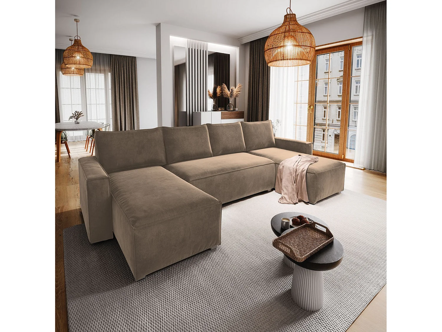 Hoekbank DENI van fluweel met slaapfunctie Beige