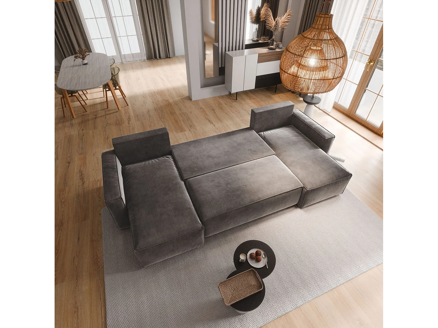 Canapé d'angle DENI Beige en velours avec fonction de couchage