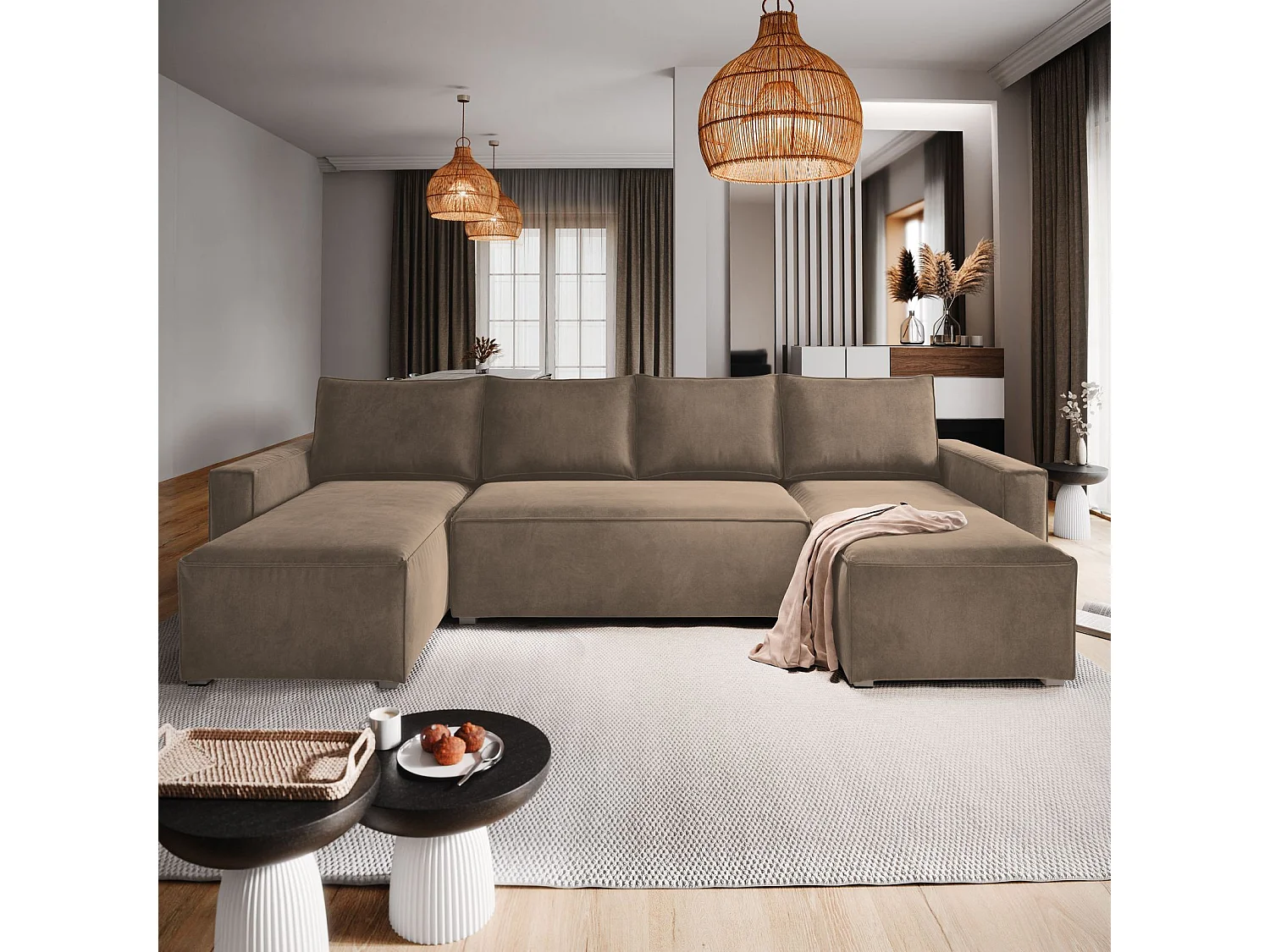 Canapé d'angle DENI Beige en velours avec fonction de couchage