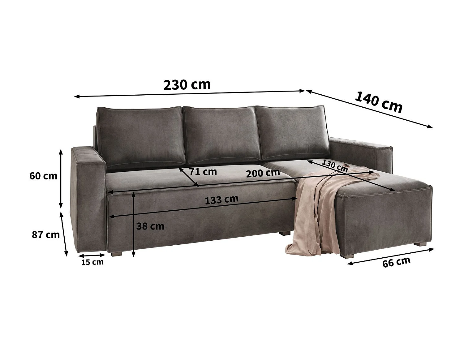 Canapé d'angle SILES Marron en velours avec fonction de couchage