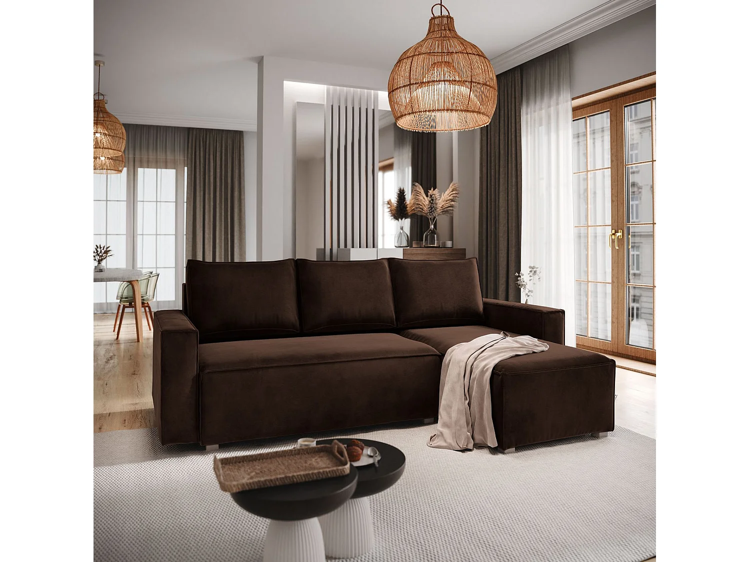 Canapé d'angle SILES Marron en velours avec fonction de couchage