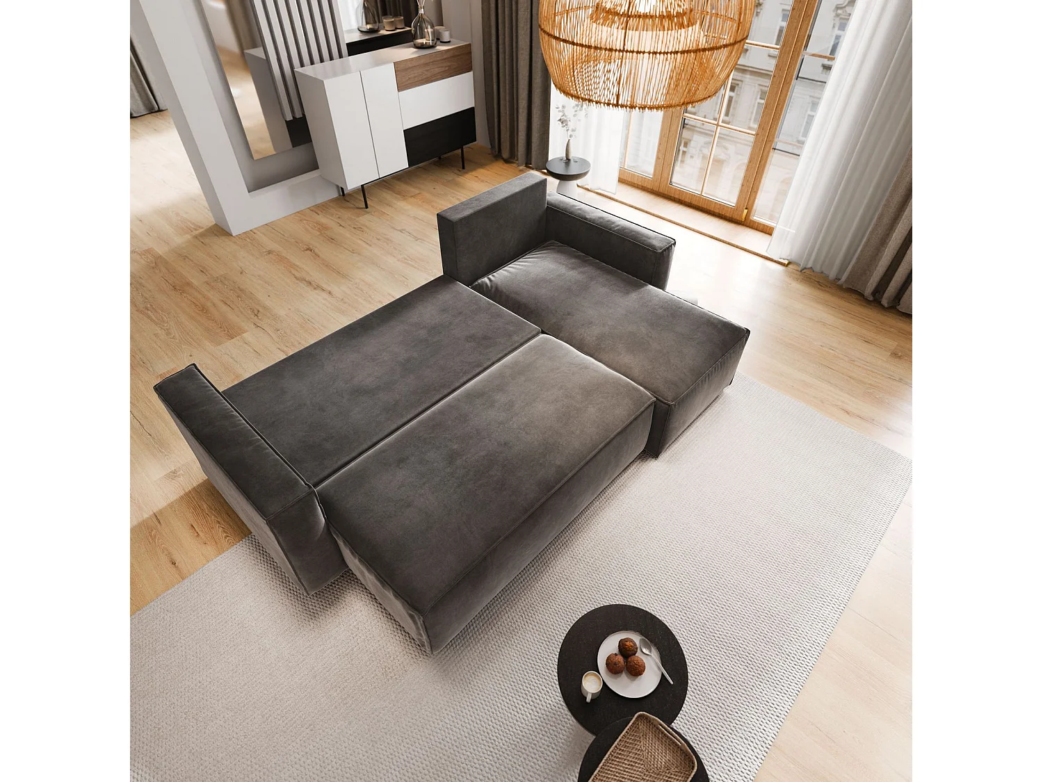 Canapé d'angle SILES Marron en velours avec fonction de couchage