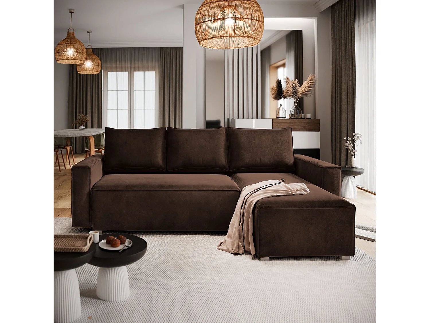 Canapé d'angle SILES Marron en velours avec fonction de couchage