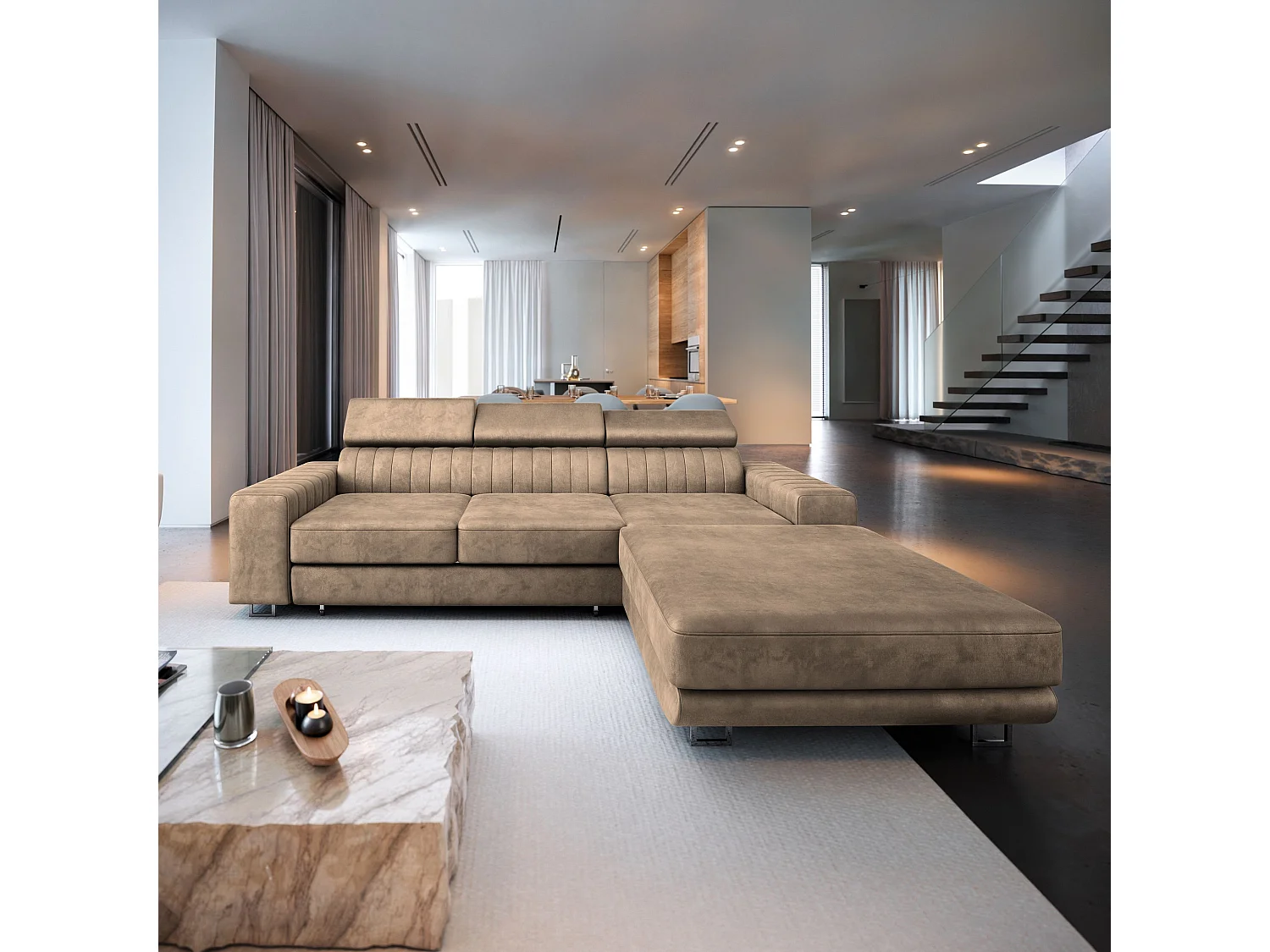 Hoekbank NOTO van fluweel met slaapfunctie Beige