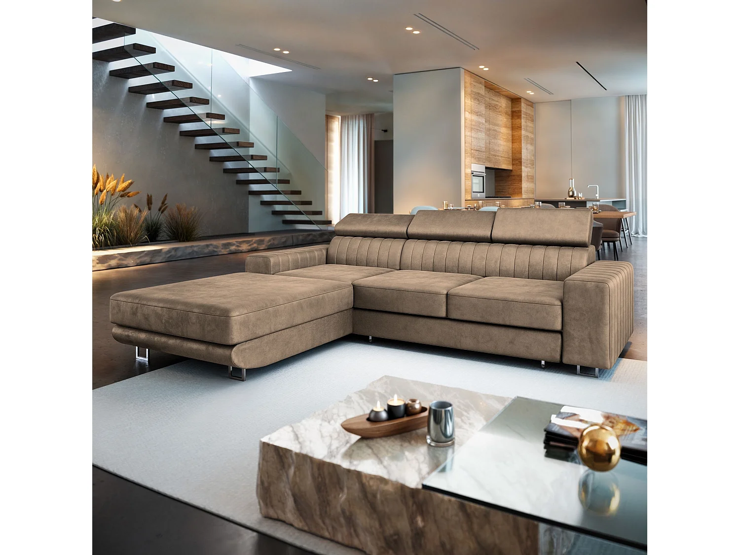 Canapé d'angle NOTO Beige en velours avec fonction de couchage