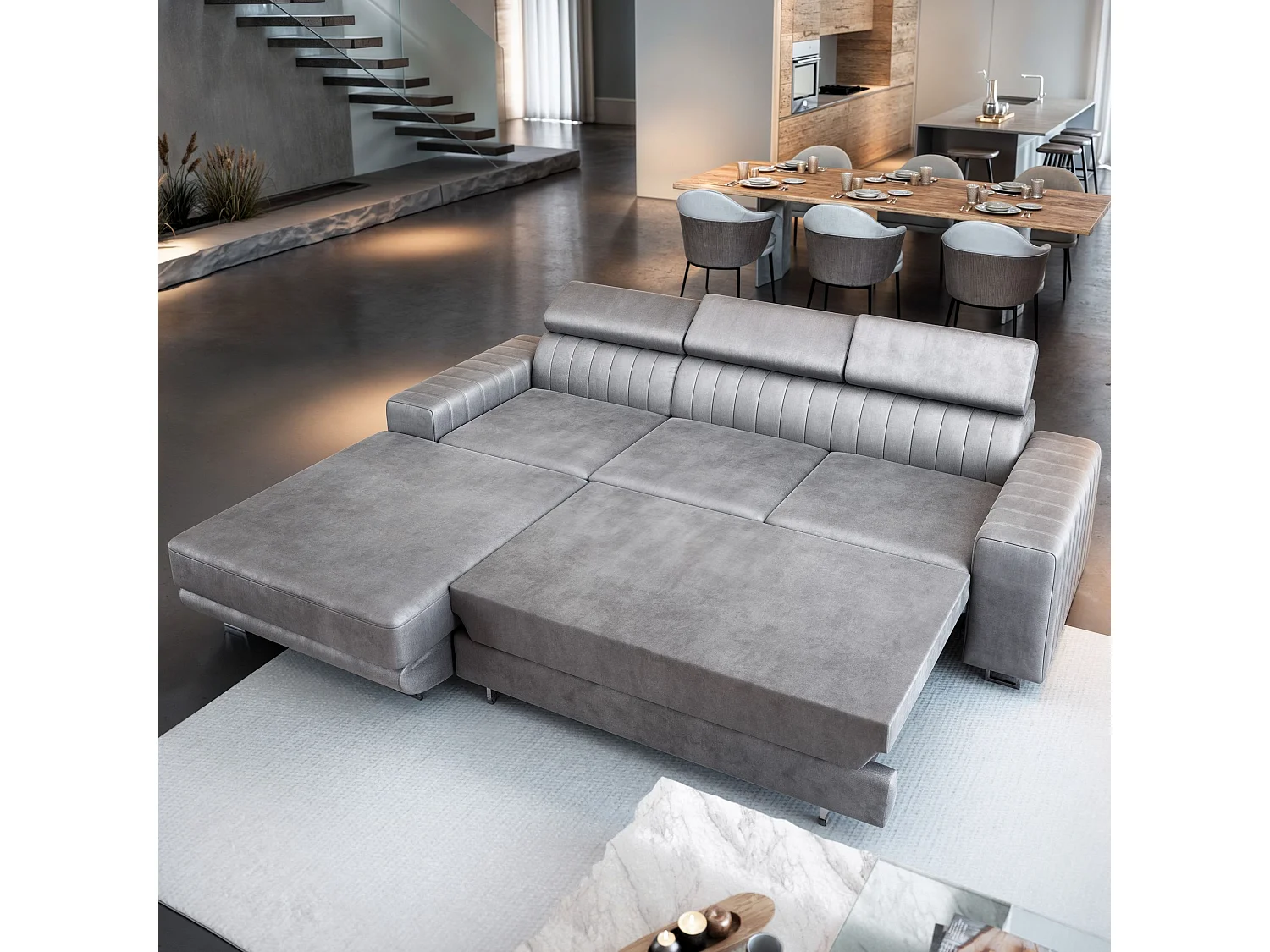 Canapé d'angle NOTO Beige en velours avec fonction de couchage