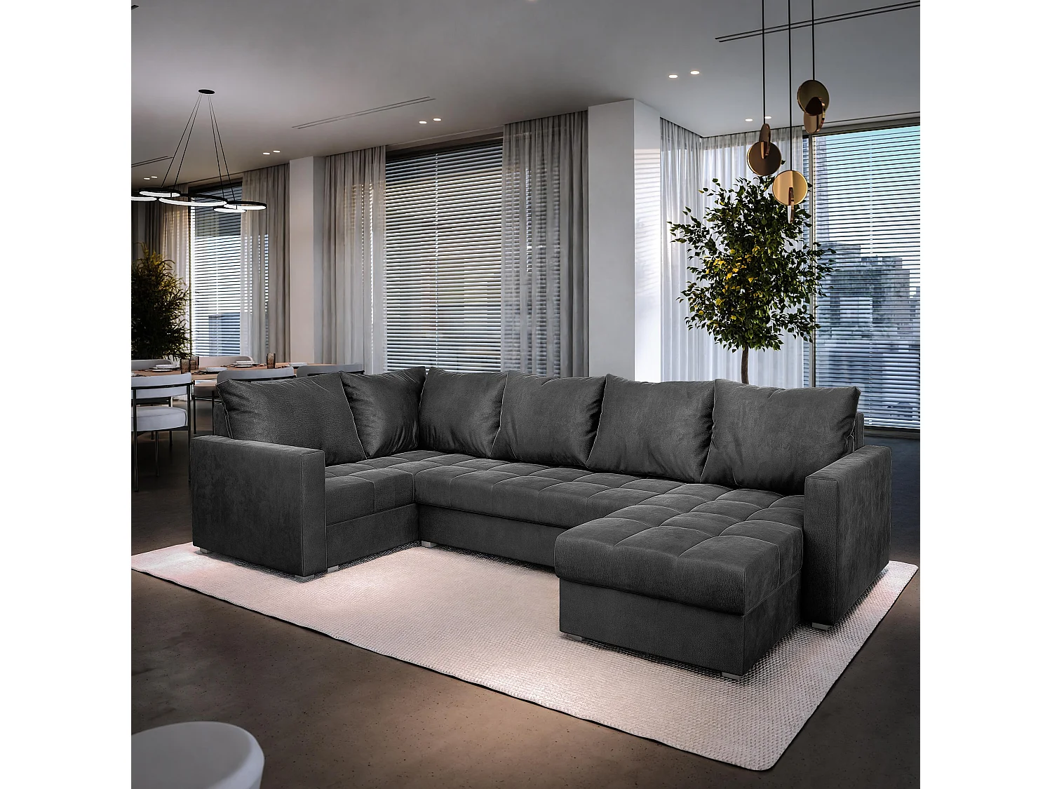 Canapé d'angle LORIVO Gris en peluche avec fonction de couchage